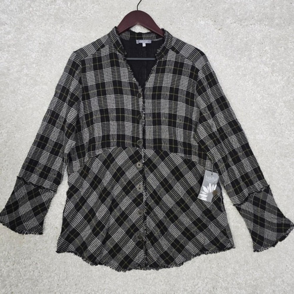 Habitat Plaid Button Down Top Womens Size M Black Fringe Trim Lagenlook Boho